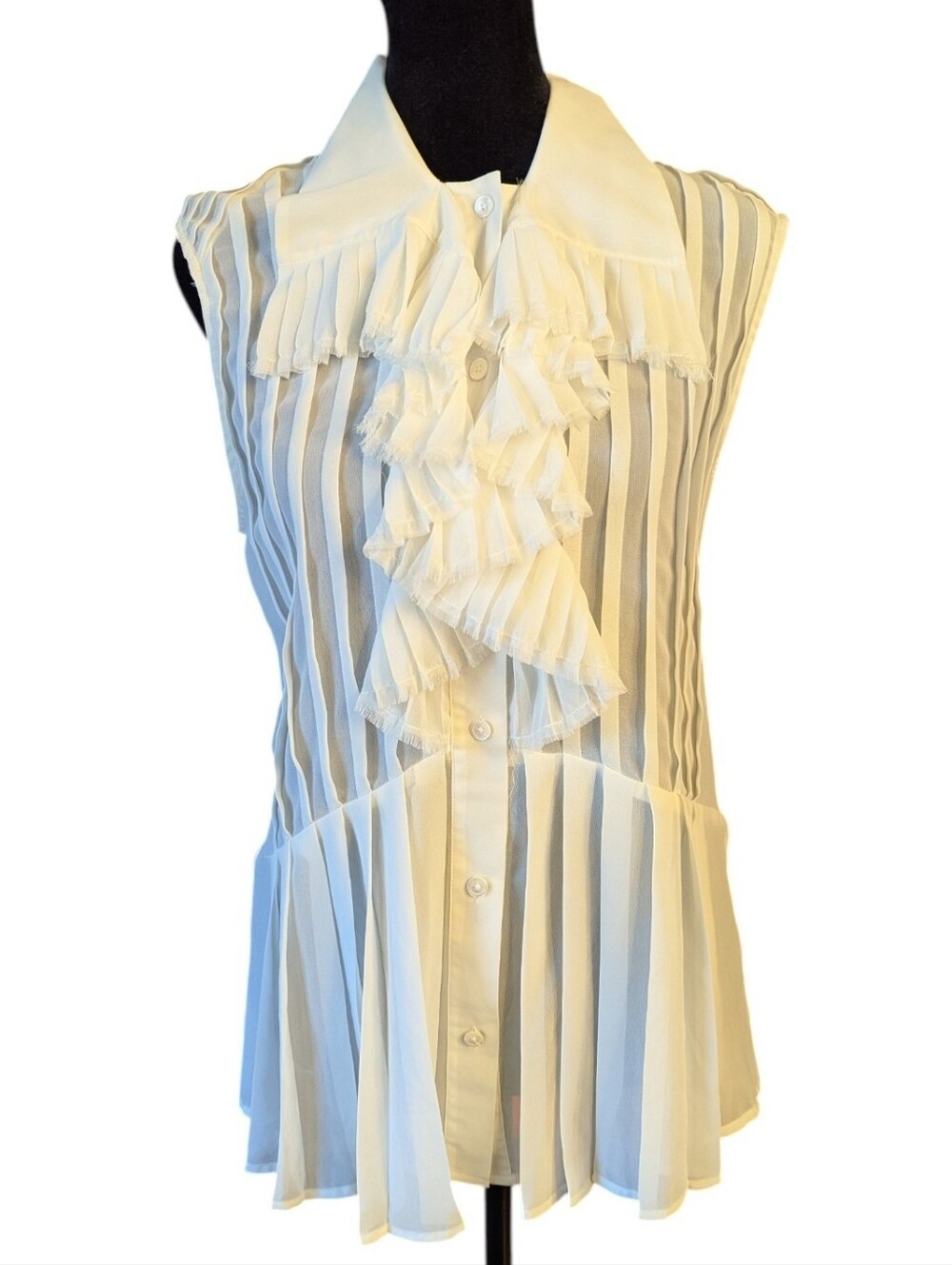 Alexander McQueen Ruffle Sheer Sleeveless Blouse Ivory Size 42 Authentic Medium